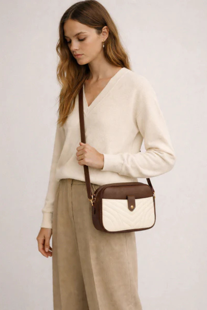 Dark Brown PU Crossbody Handbag &amp; Beige Quilted Clutch - Hot Peppers Clothing