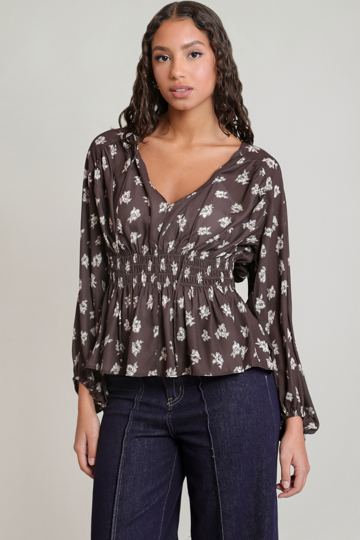 Dex Phoebe Floral Smocked-Waist Blouse