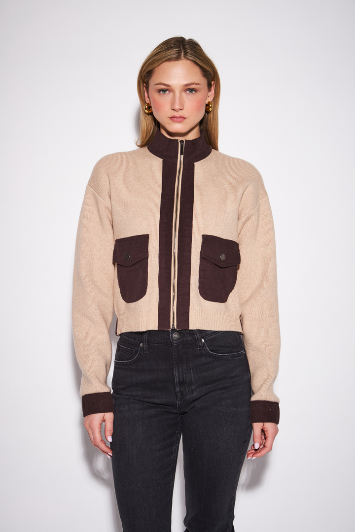 John + Jenn Camilla Contrast Zip-Up Cardigan