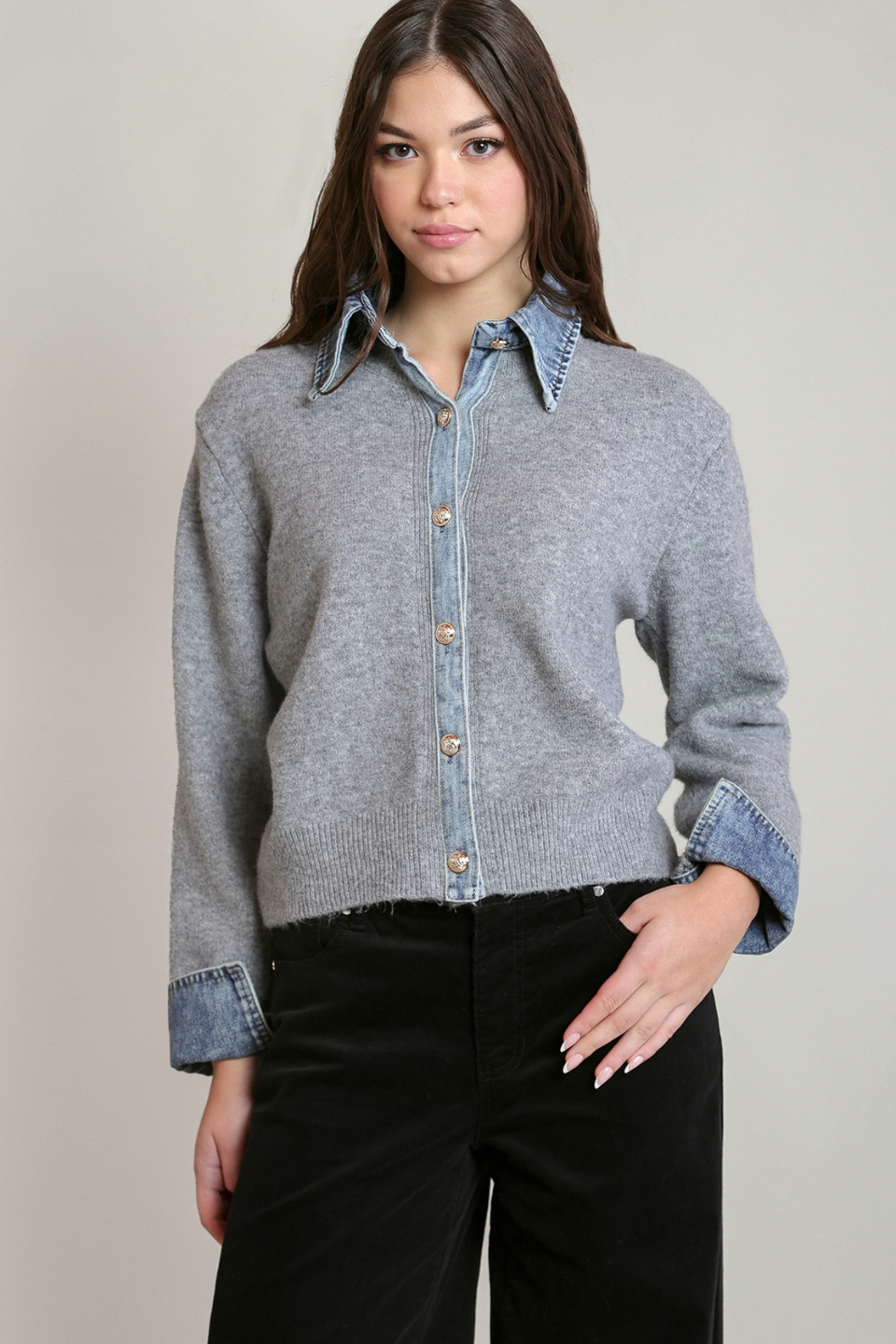 Dex Mira Denim-Trim Sweater Cardigan