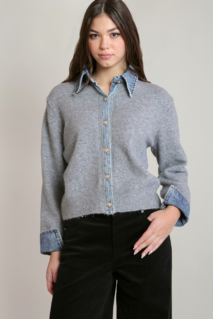 Dex Mira Denim-Trim Sweater Cardigan