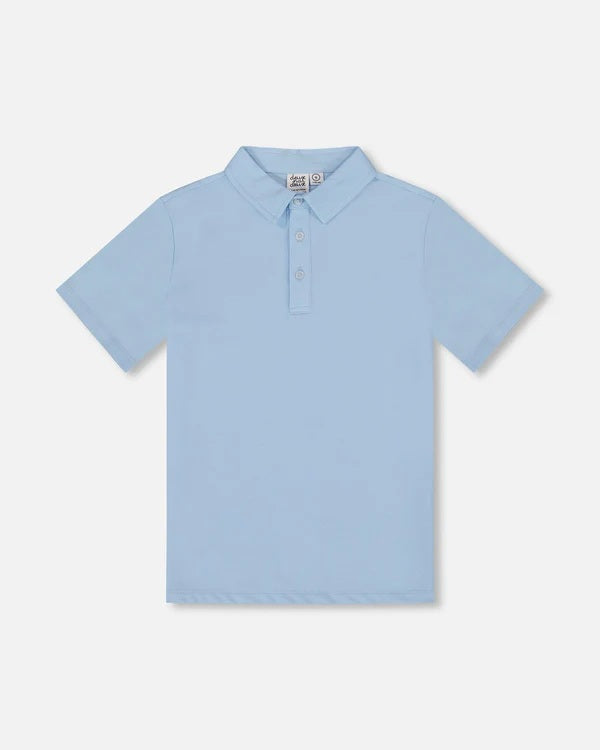 Pale Blue, Short sleeves, Three button placket, Knit collar