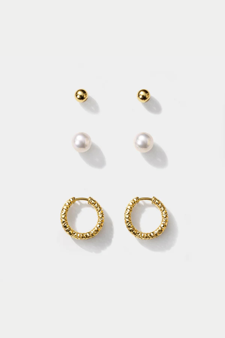 Gold Stainless Steel &amp; Pearl Earring Set