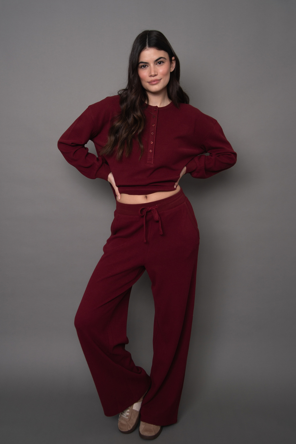 RD Style Philo Cozy Waffle Drawstring Wide Leg Pant