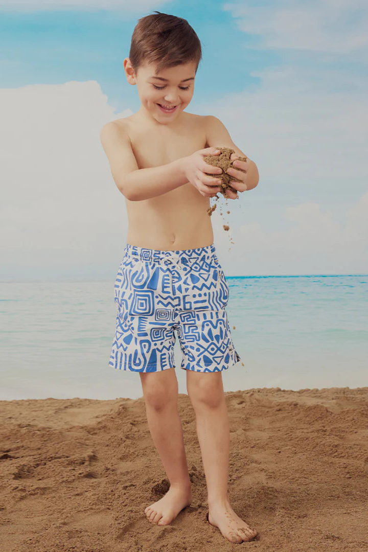 Deep Blue and Off-White Patterned Swim Trunks - Hot Peppers Clothing