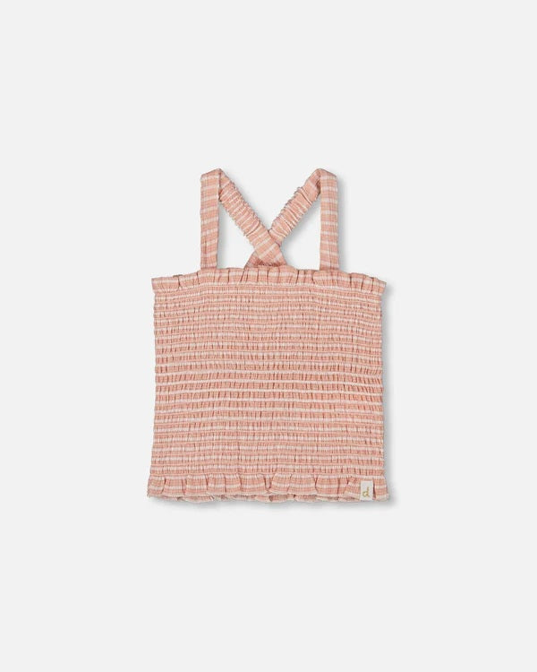 Sleeveless Smocked tank top, Square neckline, Crinkle texture, old pink and white stripe