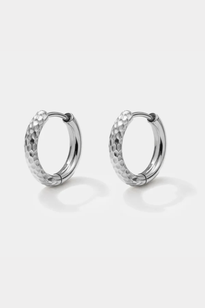Silver half textured stainless steel huggie earrings