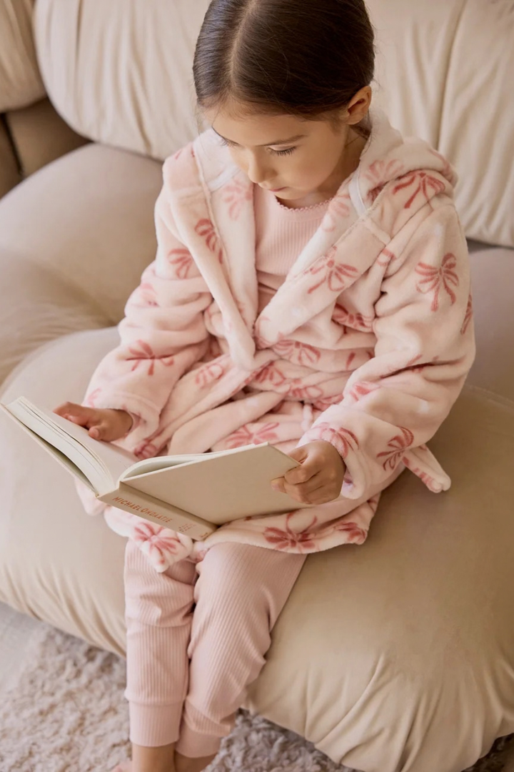 Petite Lem Ribbon Print on Misty Pink Plush Robe
