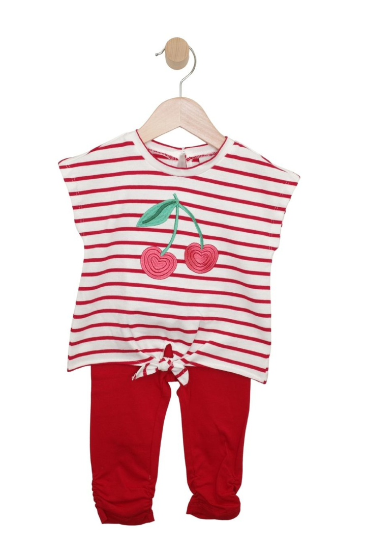 Girls’ Red Stripe Cherry Tee &amp; Scrunch Leggings Outfit Set - Hot Peppers Clothing