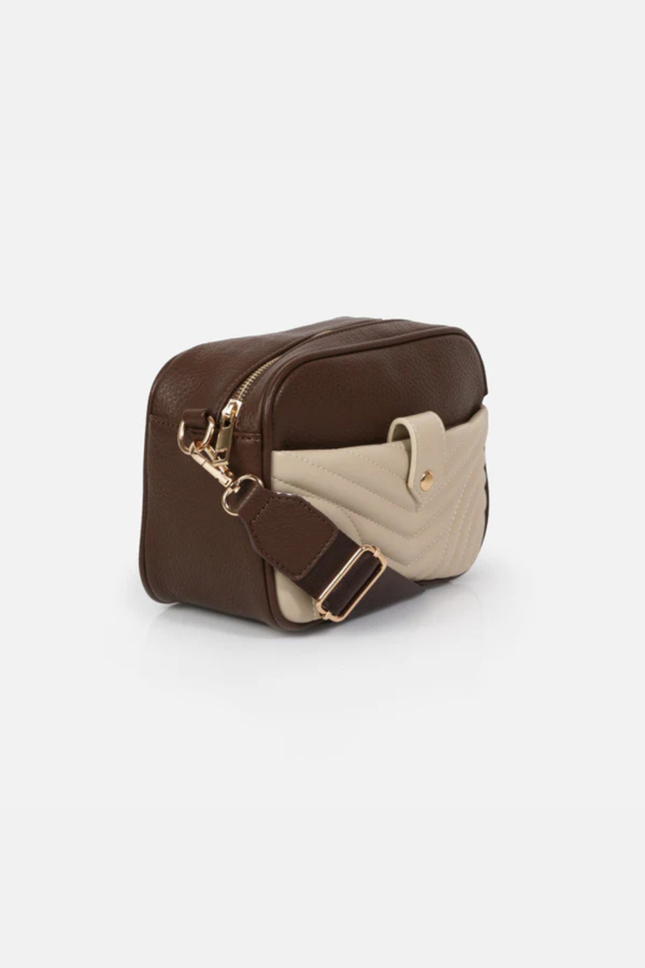 Dark Brown PU Crossbody Handbag &amp; Beige Quilted Clutch - Hot Peppers Clothing