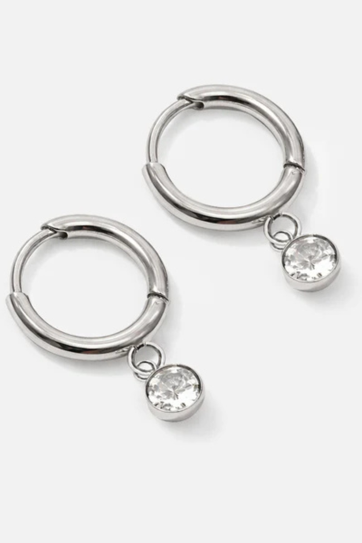 BIZOU Silver Cubic Zirconia Charm Stainless Steel Huggie Earrings BIZOU