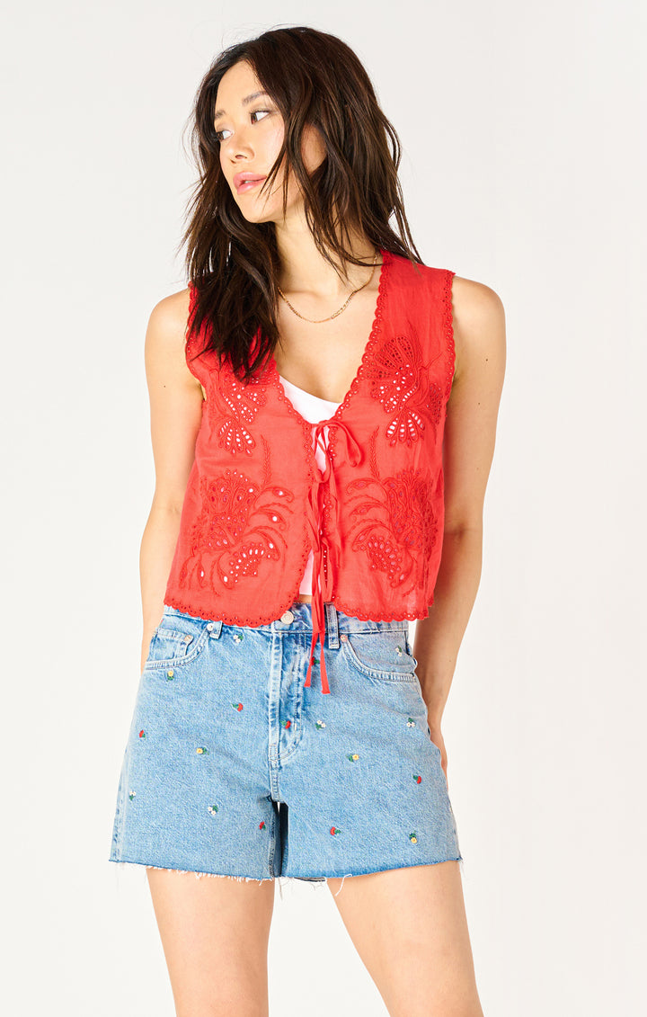 Embroidered Tie-Front Top