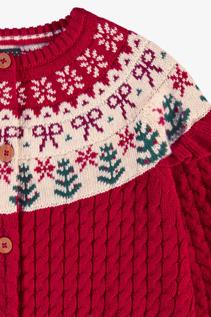 Red knit cardigan with jacquard patterns